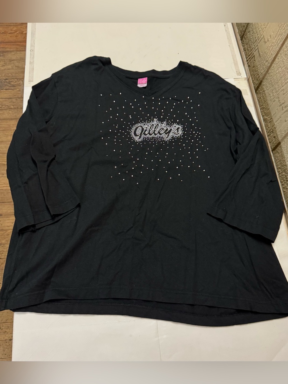 L'ATISTE Black Long Sleeve Rhinestone Logo Tee